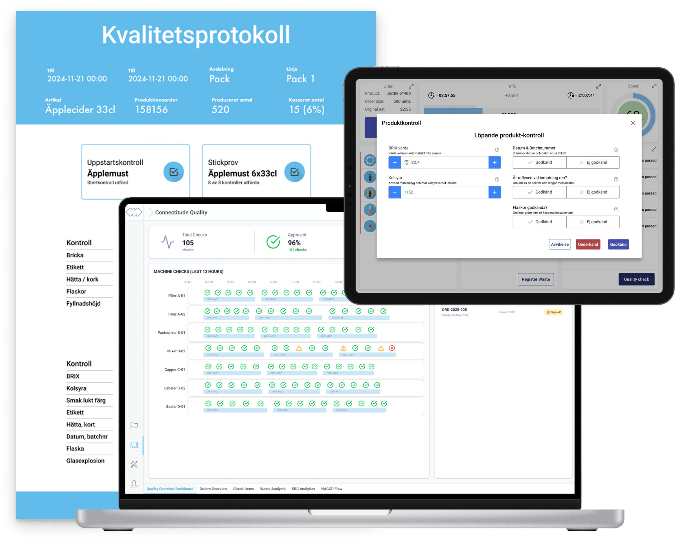 Connectitude QUALITY with overview dashboard, operator interface for self-inspections, and certification-grade report.