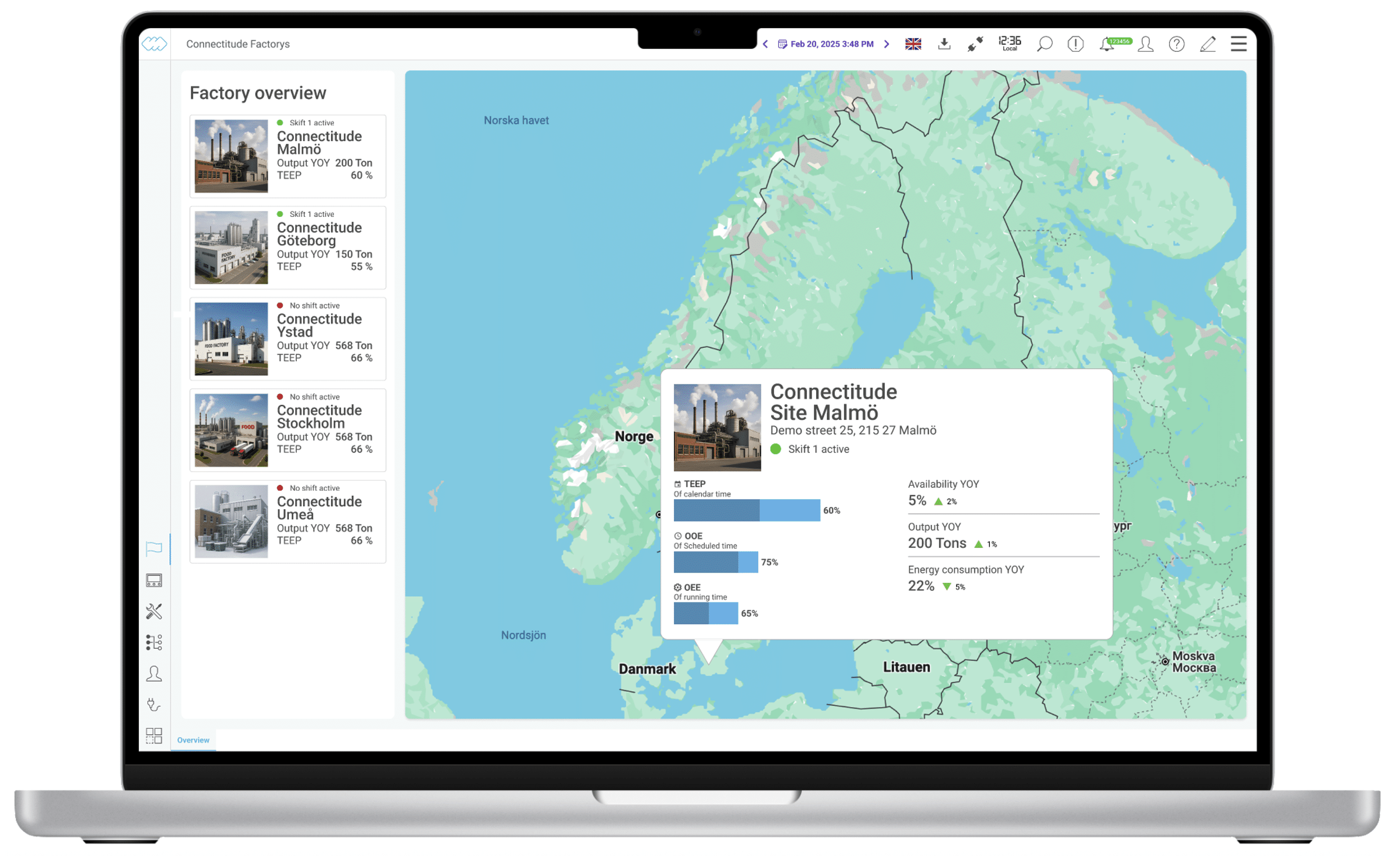 Laptop showing a dashboard of a multi-site overview of multiple production sites with KPI